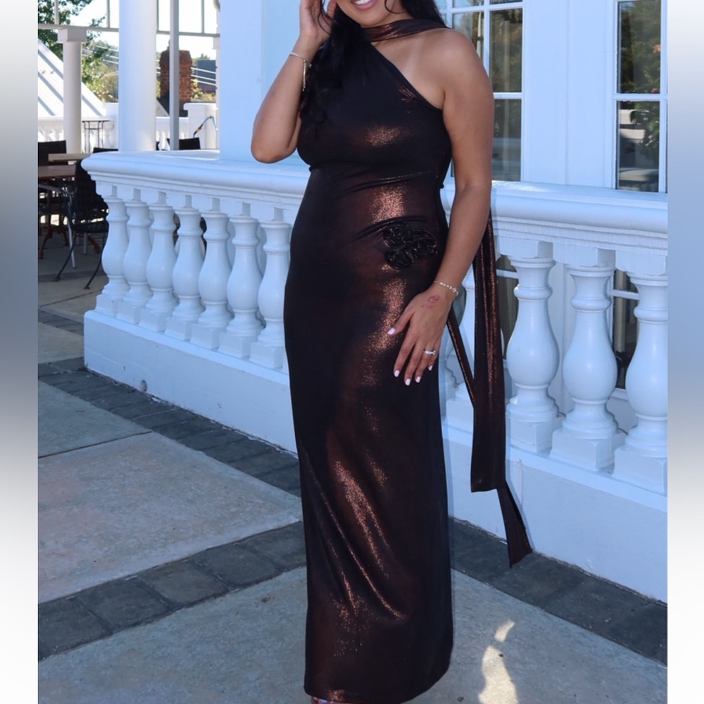 Chocolate brown shimmery one shoulder dress